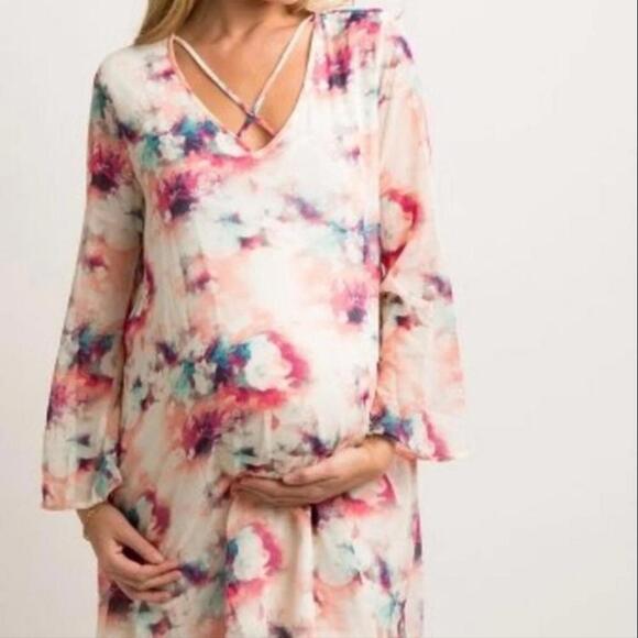 Pink Blush Multicolor Watercolor Abstract Print Maternity Dress BNWT Small - Picture 1 of 9